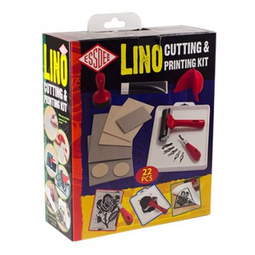 Essdee lino print set includes ink tray, brayer, baren, cutting tools, and a couple pieces of lino.