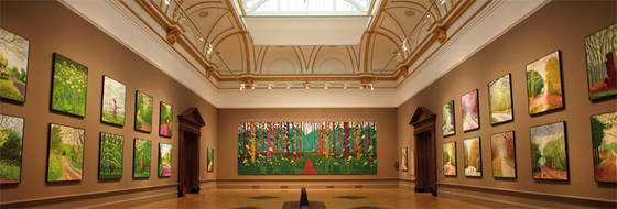 Installation view of David Hockney's iPad prints, 51 in all, in 'The Bigger Picture' at Royal Academy of Art, London. Image courtesy Royal Academy.