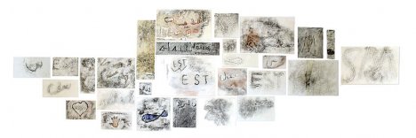 Nadia Kaabi-Linke, 'The Stigmata of the Medina of Tunis', 2008, installation of collage, prints, and ink, in 'Conflicted Memory' at Alan Cristea gallery, London. Image courtesy www.alancristea.com