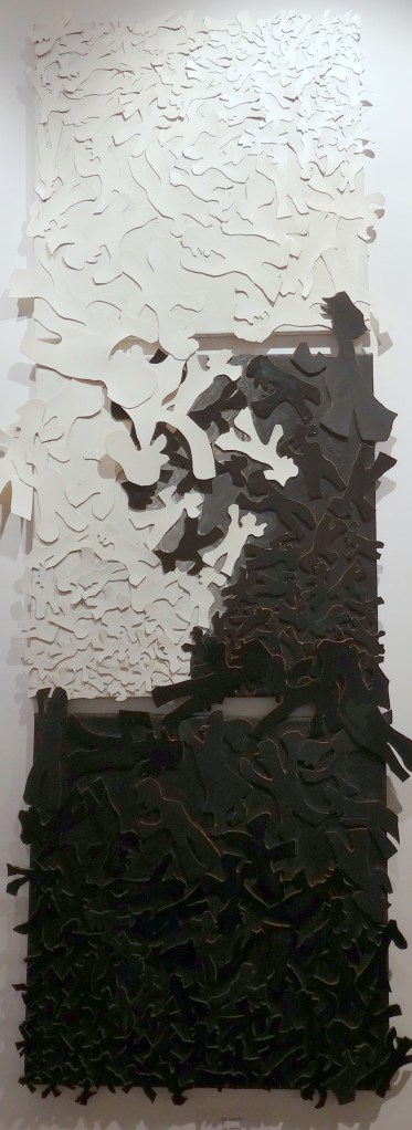 A collage of leather pieces as seen in 'Art for All - Communicate', at Megaro Gyzi Hall, Fira, Santorini, Greece. Photo courtesy Kelise Franclemont.