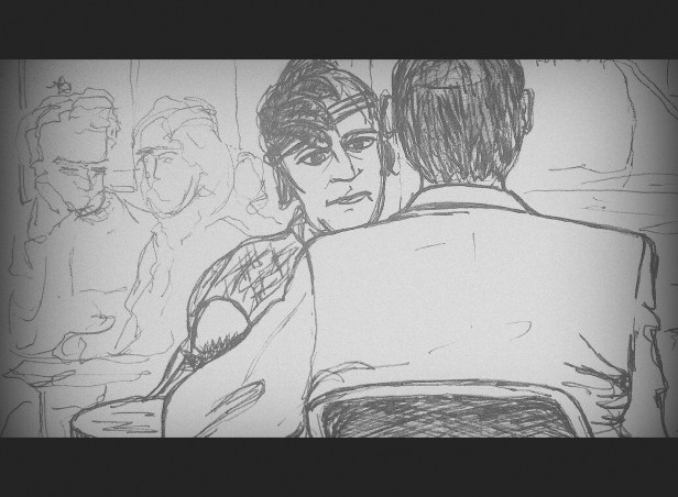 sketch by Kelise Franclemont, 'James Bond and the flapper', 2013, ink on paper in 'The Big Draw' at Threadneedle Prize 2013 exhibition, at Mall Galleries, London. Image courtesy Kelise Franclemont.