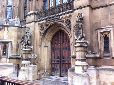 St Stephen's Entrance adjacent to the public/visitor's entrance to Houses of Parliament, guarded by a lion and a unicorn.