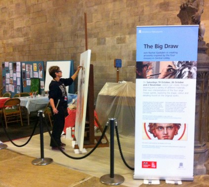Artist-in-residence Rachel Gasden, working in the Big Draw area in Westminster Hall, from the public tour of the Houses of Parliament. Photo credit Kelise Franclemont.