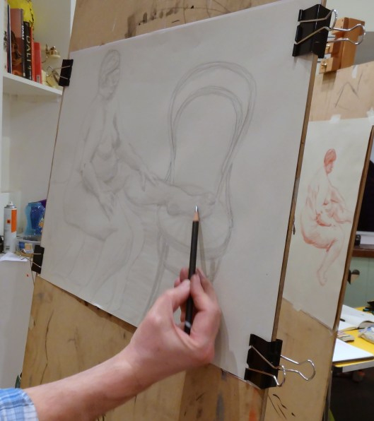 15 minute pose, 2013, pencil on newsprint, Draw at NW London, Mini Picassos, Kensal Rise, London. Photo credit Kelise Franclemont.