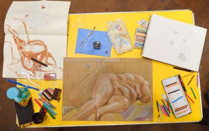 Drawing by Kelise Franclemont, 45 minute pose, 2013, conte and coloured Art Stix on sugar paper, Draw at NW London, Mini Picassos, Kensal Rise, London. Photo credit Kelise Franclemont.