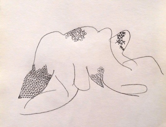 Drawing by Tom Butler, 45 minute pose, 2013, graphite on cartridge paper, Draw at NW London, Mini Picassos, Kensal Rise, London. Photo credit Kelise Franclemont.