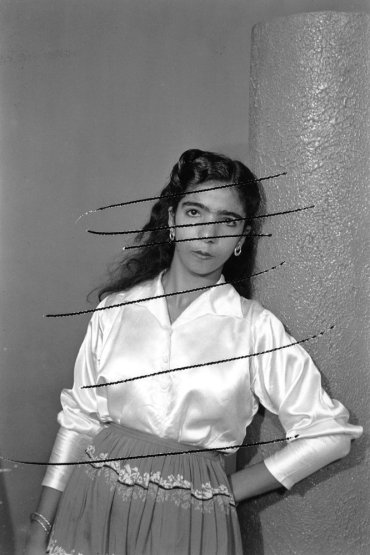 Akram Zaatari, 'Damaged negatives: scratched portrait of anonymous woman', 2012, inkjet print, in 'On Photography People and Modern Times' , at Thomas Dane gallery, London. Image courtesy the artist and Thomas Dane gallery.