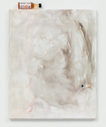 Monika Baer, '3 bad habits (3a)', 2013, ash and oil on canvas, with whisky bottle, in 'Focus: Monika Baer' at Chicago Art Institute. Image courtesy Chicago Art Institute.
