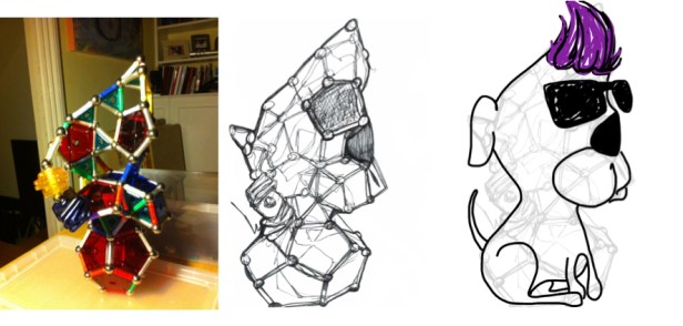 Kelise Franclemont, showing progression from Geomag sculpture to an illustration in which I saw a 'Cool as Jazz Dog' in my first drawing of the sculpture, 2014, digital media. Image courtesy the artist.