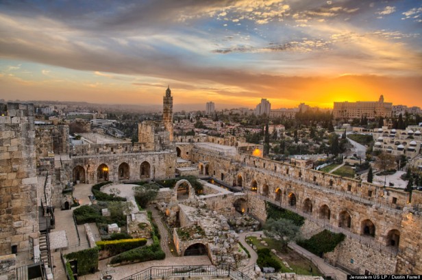 Aerial view of Jerusalem's iconic Citadel/Tower of David Museum of the History of Jerusalem, in 'Jerusalem 3-D', 2013, documentary film, 45 mins. Image courtesy National Geographic and The Huffington Post. Photo credit Dustin Farrell.