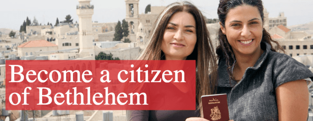 Leila Sansour (left), founder of the 'Open Bethlehem Campaign' and director of film 'Open Bethlehem' with one of the first Bethlehem Passport holders, a native and citizen of Bethlehem.