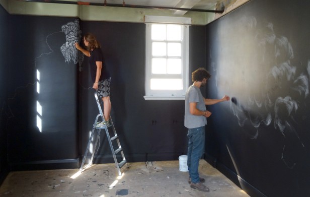 Alice Shirley and Guy Haddon-Grant working on their installation, at 'Office Sessions IV: Beak Street', 40 Beak Street, London. Photo credit Kelise Franclemont.