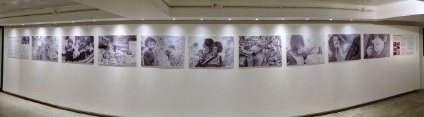 Drawings by teenagers in Gaza as part of the Culture and Free Thought Association (CFTA) supported by Christian Aid, in 'Gaza on Gaza' exhibition at P21 Gallery, London. Photo credit Kelise Franclemont. 