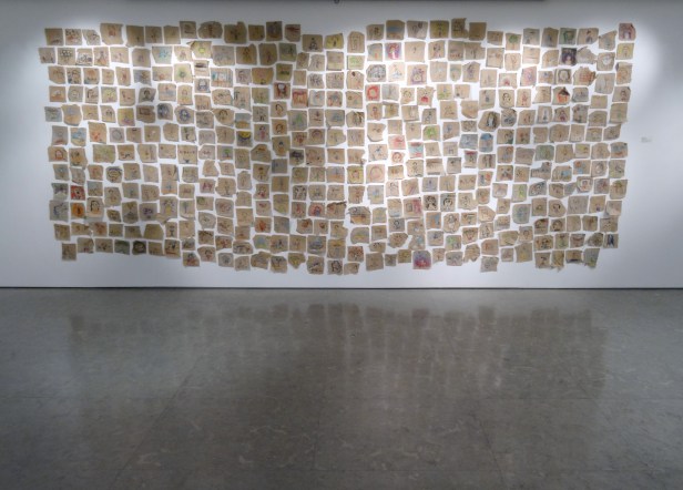 Majdal Nateel, 'If I wasn't there', 2015, series of drawings on paper in 'Gaza on Gaza' exhibition at P21 Gallery, London. Photo credit Kelise Franclemont.