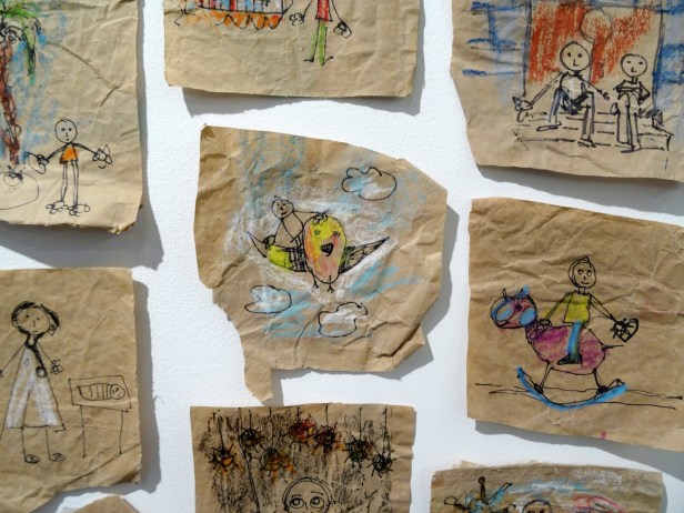 Majdal Nateel, 'If I wasn't there' (detail), 2015, series of drawings on paper in 'Gaza on Gaza' exhibition at P21 Gallery, London. Photo credit Kelise Franclemont.