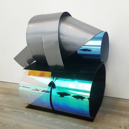 Julia Dault, Untitled 19, 10:27 AM–1:13 PM, January 5, and 5:08–6:48 PM, January 6, 2016, installed by Simon Bird, 2012, Plexiglas, Tambour, Everlast boxing wraps, string, in 'Champagne Life' at Saatchi Gallery, London. Photo credit Kelise Franclemont.