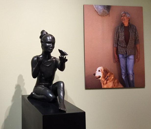 Michael Naranjo (pictured right), installation view, 'The artist who sees with his hands', at Booth Western Art Museum, Cartersville, Georgia, USA. Photo credit Kelise Franclemont.