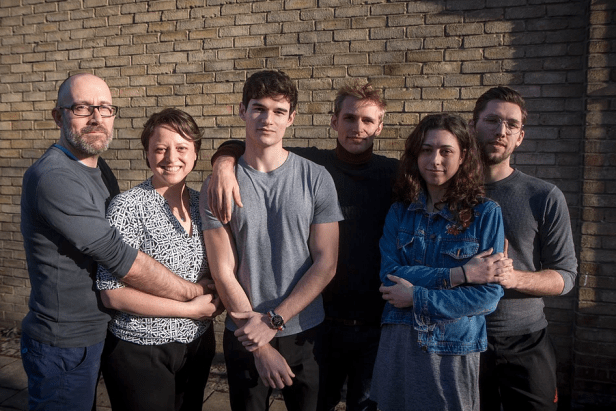 (l-r) The cast of 'Holding the Man': Dickon Farmar, Marla-Jane Lynch, Paul-Emile Forman, Christopher Hunter, Emma Zadow, Sam Goodchild. Image courtesy Big Boots Theatre Company. Photo: Nicholas Chinardet.