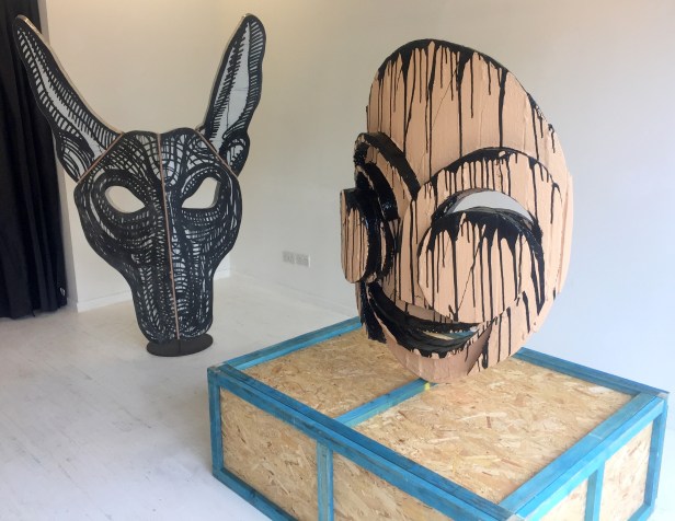 Adam Zoltowski, (l-r) 'Mask of Anubis' and 'Portrait of Monika', 2016, in 'Foreign Bodies', 242 Cambridge Heath Road, London. Photo credit Kelise Franclemont.
