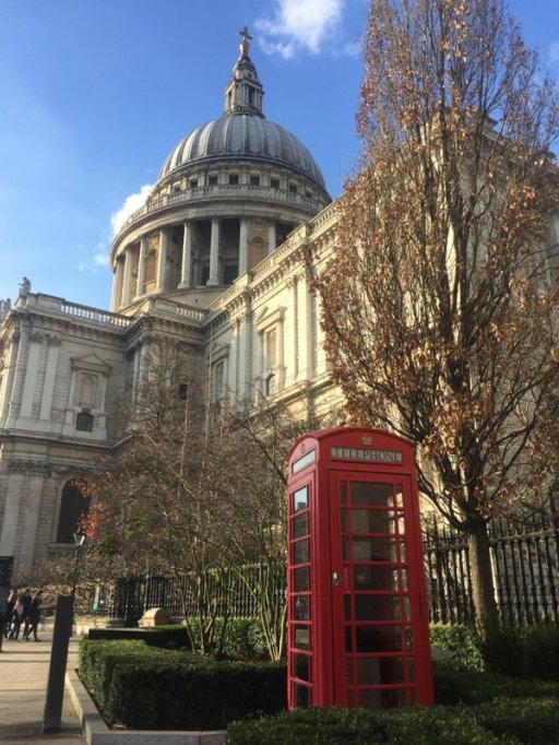 Sir Giles Gilbert Scott's telephone box, 1924, and St. Paul's Cathedral, London. Photo credit Kelise Franclemont.